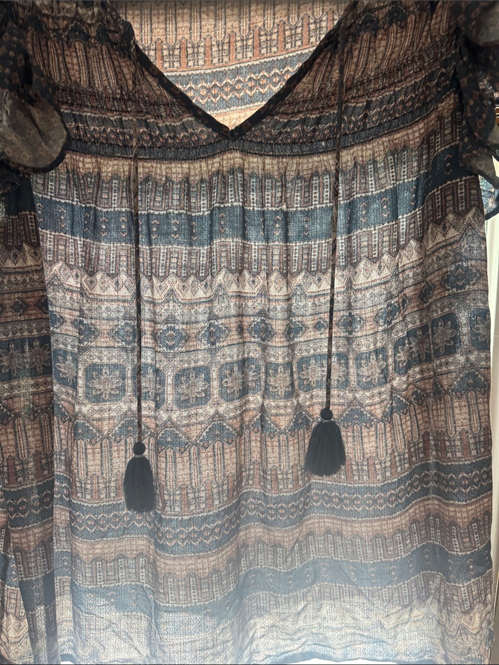Lucky Brand Teal and Tan Patterned Ruffle Sleeve Peasant Blouse